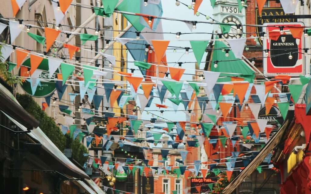 Bunting in Irish colors strung over a Temple Bar street in Dublin